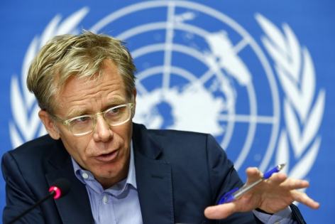  World Health Organization (WHO) Assistant Director-General, Dr. Bruce Aylward, speaks at a news briefing about the WHO global strategy for combating Ebola, at the United Nations headquarters in Geneva August 28, 2014. REUTERS/Pierre Albouy (SWITZERLAND)