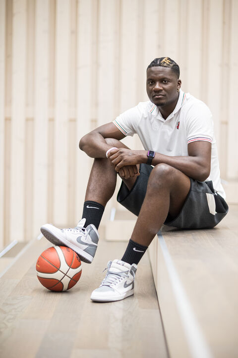  Swiss professional basketball player Clint Capela of the National Basketball Association's (NBA) Atlanta Hawks poses after a press conference in Meyrin, Switzerland, Thursday, July 13, 2023. (KEYSTONE/Pierre Albouy)